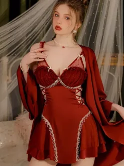 Babydolls Lingerie For Woman Satin Burgundy Lace Backless Tulle Sexy Nightgown
