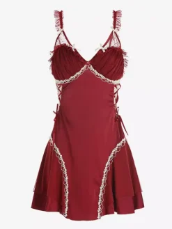 Babydolls Lingerie For Woman Satin Burgundy Lace Backless Tulle Sexy Nightgown