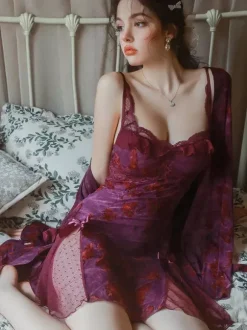 Babydolls Lingerie For Woman Purple Lace Backless Tulle Sexy Nightgown