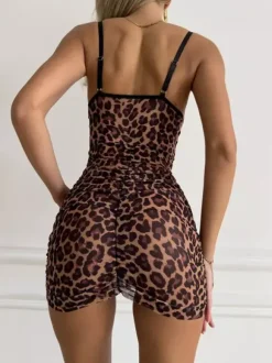 Babydolls Lingerie For Woman Coffee Brown Pleated Leopard Print Backless Polyester Sexy Sleepwear
