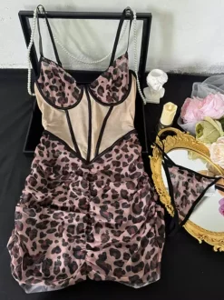 Babydolls Lingerie For Woman Coffee Brown Pleated Leopard Print Backless Polyester Sexy Sleepwear