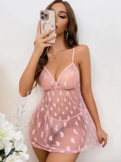 Babydolls Lingerie Women Babydoll Pink Lace Sheer Tulle Sexy