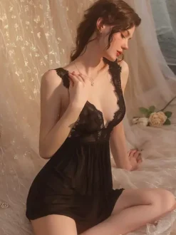 Babydolls Lingerie Women Black Lace Backless Tulle Sexy Nightgown