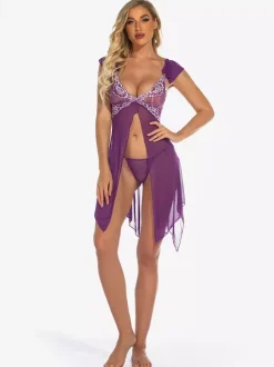 Babydolls Lingerie Women Purple Pleated Sheer Chiffon Sexy Sleepwear