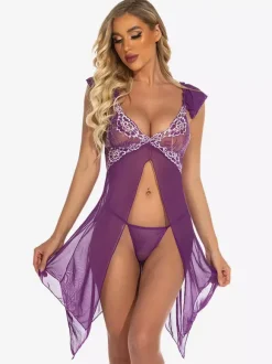 Babydolls Lingerie Women Purple Pleated Sheer Chiffon Sexy Sleepwear