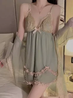 Babydolls Lingerie Women Green Lace Backless Tulle Sexy Nightgown