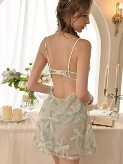 Babydolls Lingerie Women Green Embroidered Floral Print Backless Tulle Sexy Dress T-back 2-Piece Sets