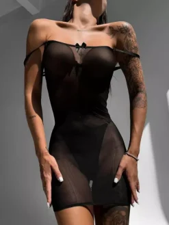 Babydolls Lingerie Babydoll For Woman Black Bows Backless Mesh Sexy Chemises