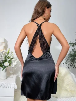 Babydolls Lingerie Babydoll For Woman Black Lace Backless Silk-like Sexy