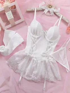 Babydolls Lingerie For Woman Pink Lace Backless Sexy Dress