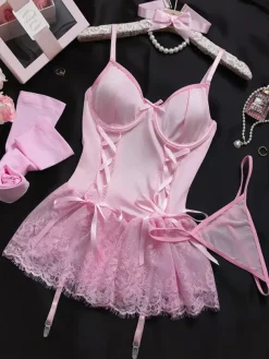 Babydolls Lingerie For Woman Pink Lace Backless Sexy Dress