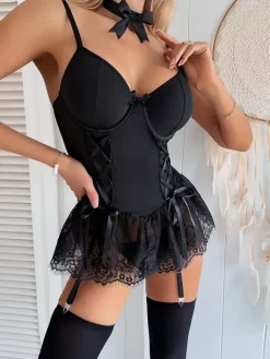 Babydolls Lingerie For Woman Pink Lace Backless Sexy Dress