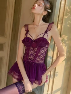 Babydolls Lingerie For Woman Pink Lace Backless Tulle Sexy Nightgown