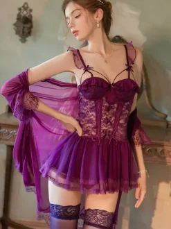 Babydolls Lingerie For Woman Pink Lace Backless Tulle Sexy Nightgown