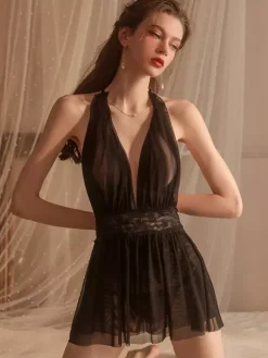 Babydolls Lingerie For Woman Pink Lace Backless Tulle Sexy Nightgown