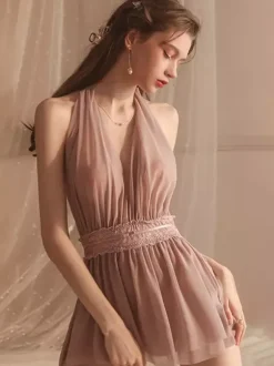 Babydolls Lingerie For Woman Pink Lace Backless Tulle Sexy Nightgown