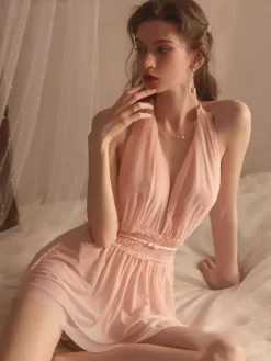 Babydolls Lingerie For Woman Pink Lace Backless Tulle Sexy Nightgown