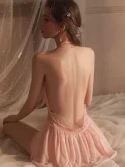 Babydolls Lingerie For Woman Pink Lace Backless Tulle Sexy Nightgown
