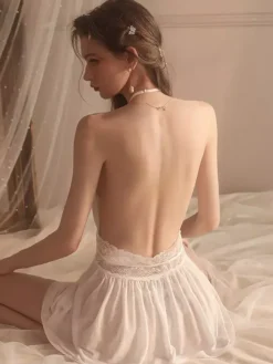 Babydolls Lingerie For Woman Pink Lace Backless Tulle Sexy Nightgown