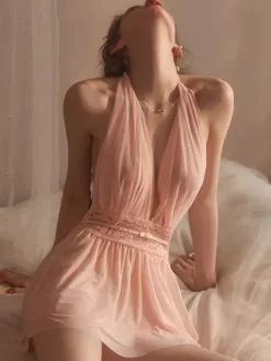 Babydolls Lingerie For Woman Pink Lace Backless Tulle Sexy Nightgown