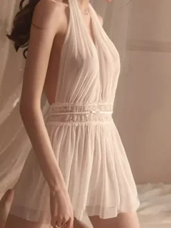 Babydolls Lingerie For Woman Pink Lace Backless Tulle Sexy Nightgown
