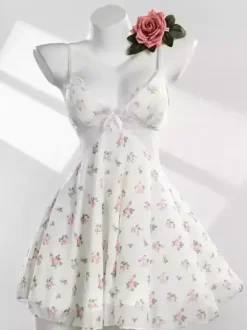 Babydolls Lingerie For Woman White Lace Floral Print Polyester Sexy Pajama