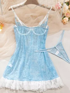 Babydolls Lingerie Light Sky Blue Lace Floral Print Sheer Dress