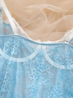 Babydolls Lingerie Light Sky Blue Lace Floral Print Sheer Dress