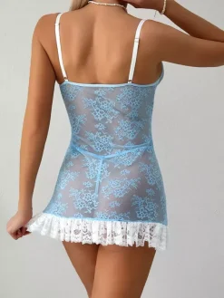 Babydolls Lingerie Light Sky Blue Lace Floral Print Sheer Dress