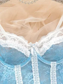 Babydolls Lingerie Light Sky Blue Lace Floral Print Sheer Dress