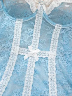 Babydolls Lingerie Light Sky Blue Lace Floral Print Sheer Dress