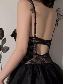 Babydolls Lingerie Sexy Babydoll White Backless Lace Bow Mesh Ruffle Dress