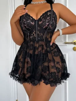 Babydolls Lingerie Sexy Black Lace Floral Print Polyester 2-Piece Dress Sleepwear Pajama