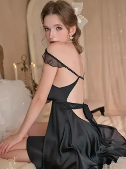 Babydolls Lingerie Sexy White Lace Two-Tone Backless Satin Slip Padded Nightgown