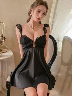 Babydolls Lingerie Sexy White Lace Two-Tone Backless Satin Slip Padded Nightgown