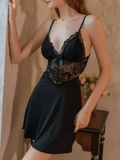 Babydolls Lingerie Woman Black Gold Lace Backless Polyester Sexy Sleepwear