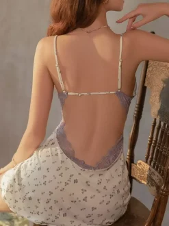 Babydolls Lingerie Woman Black Gold Lace Backless Polyester Sexy Sleepwear
