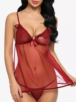 Babydolls Lingerie Women Black Pleated Sheer Chiffon Sexy Pajamas