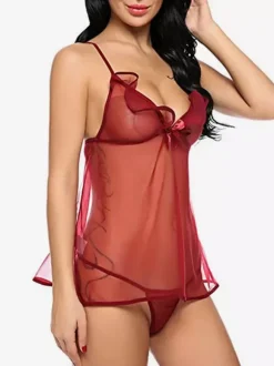 Babydolls Lingerie Women Black Pleated Sheer Chiffon Sexy Pajamas