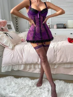 Babydolls Lingerie Women Black Lace Two-Tone Dress Panty Stockings 3-Piece Sets