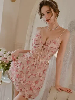 Babydolls Lingerie Women Pink Cut Out Floral Print Polyester Sexy Sleepwear