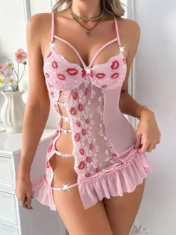 Babydolls Lingerie Women Pink Cut Out Two-Tone High-slit Polyester Sexy Sleepwear