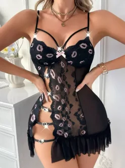 Babydolls Lingerie Women Pink Cut Out Two-Tone High-slit Polyester Sexy Sleepwear