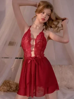 Babydoll Spaghetti Strap Floral Lace Mesh Slip Backless Nightgown Mini Chemise Lingerie