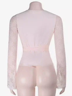 Baby Pink Wrap Front Women's Top - Sheer Lace Sleeve Date Night Blouse - Sexy Plunge Neck Balletcore Aesthetic Romantic Spring Top 2026