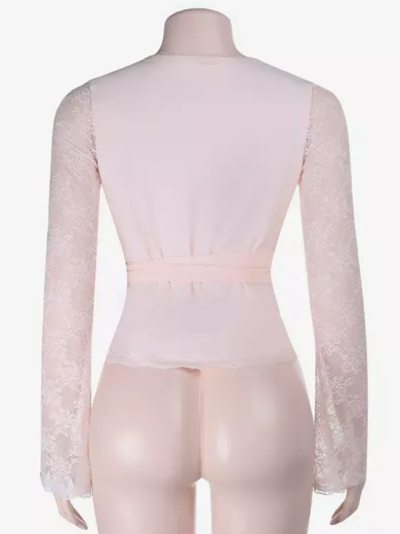 Baby Pink Wrap Front Women's Top - Sheer Lace Sleeve Date Night Blouse - Sexy Plunge Neck Balletcore Aesthetic Romantic Spring Top 2026