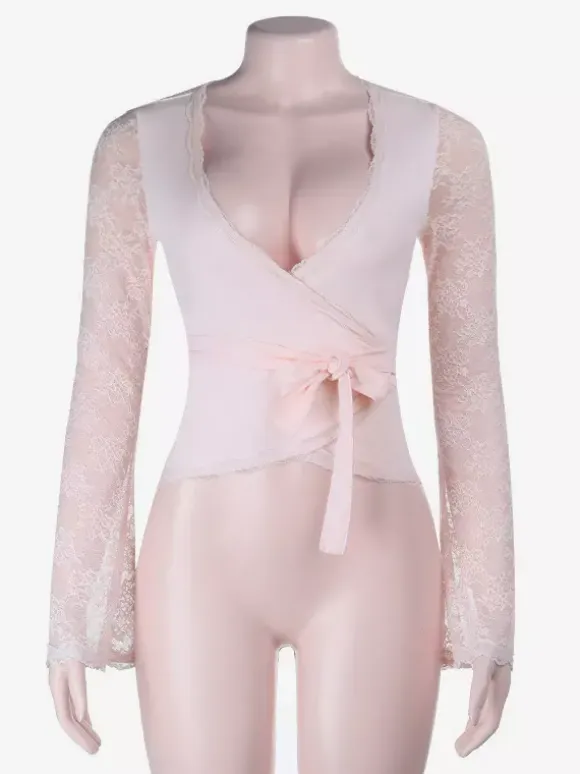 Baby Pink Wrap Front Women's Top - Sheer Lace Sleeve Date Night Blouse - Sexy Plunge Neck Balletcore Aesthetic Romantic Spring Top 2026