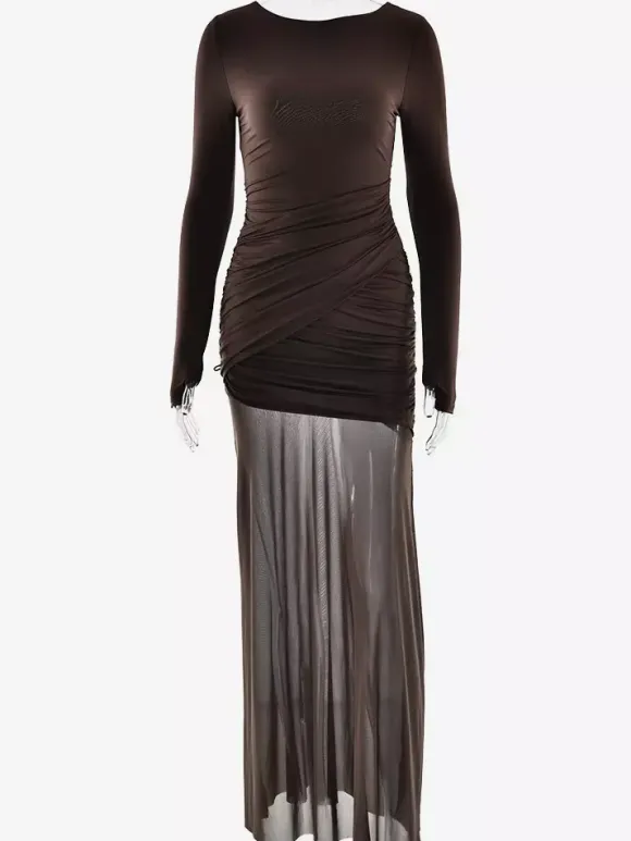 Backless Cutout Ruched Side Slit Sheer Maxi Evening Dress For Women 2026