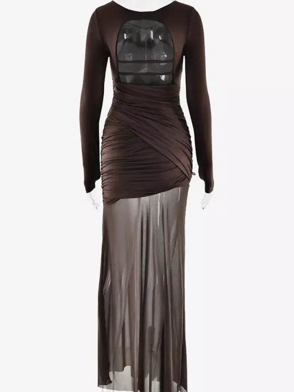 Backless Cutout Ruched Side Slit Sheer Maxi Evening Dress For Women 2026