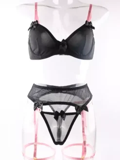 Backless Lingerie Bows Sexy Black 3-Piece Adult's Bra Panty Sets